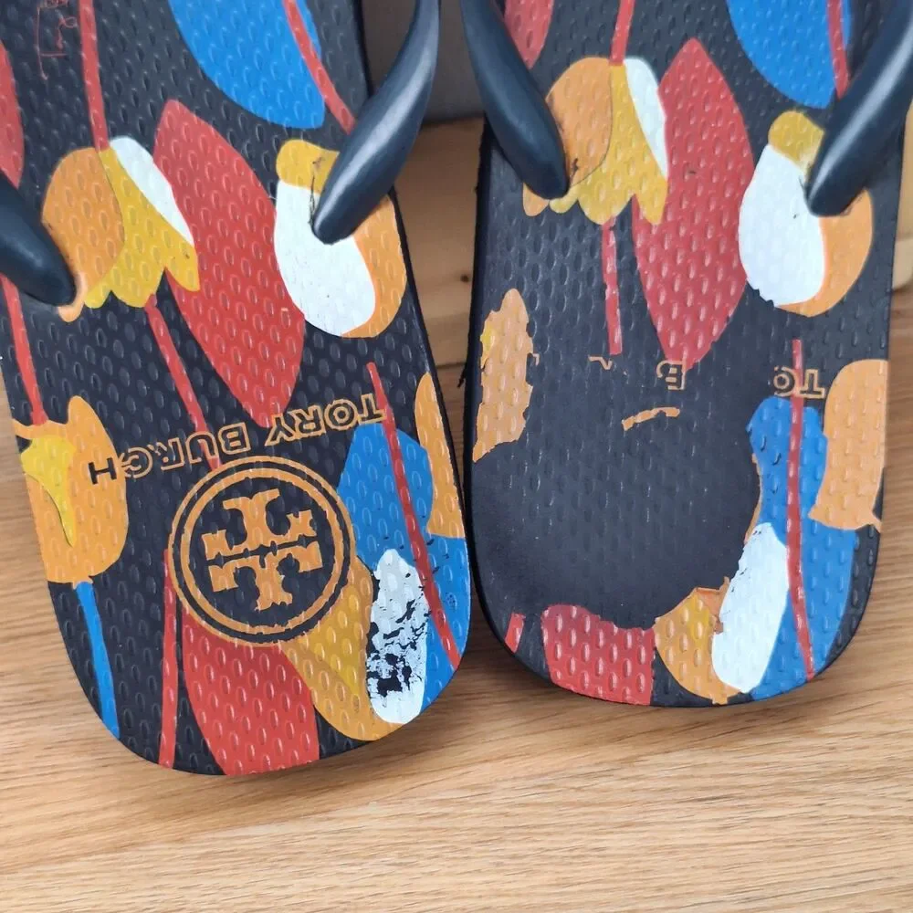Tory Burch Women's 11 Thin Flip Flops Navy Blue Floral Print Logo Thongs Sandals